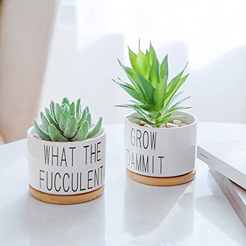 Succulent Pots, Popvip 3.15 Inch Ceramic Funny Planter Pots With Bamboo Tray, Housewarming Gift For Women, Best Friend, Daughter, Mom, Coworker, Pack Of 2 - Plants Not Included (A) #TOP4