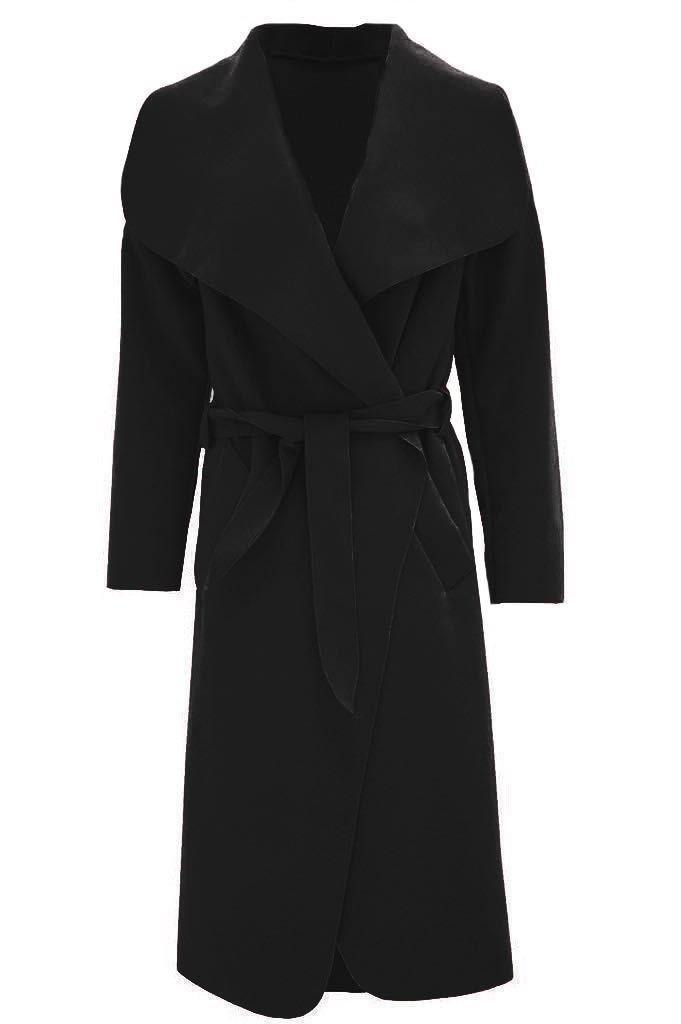 66 Fashion District Women's Black Italian Long Duster Jacket French Belted Trench Waterfall Coat 8-14 (Uk 8, )