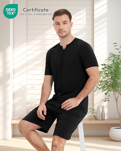 Image of NACHILA Pajamas Set for Men-Viscose Made from Bamboo, Short Sleeve Sleepwear Soft Pj with Shorts Cool Loungewear