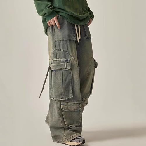 Vintage Streetwear Cargo Jeans for Men High Waist Loose Fit Wide Leg Utility Denim Pants Casual Blue4