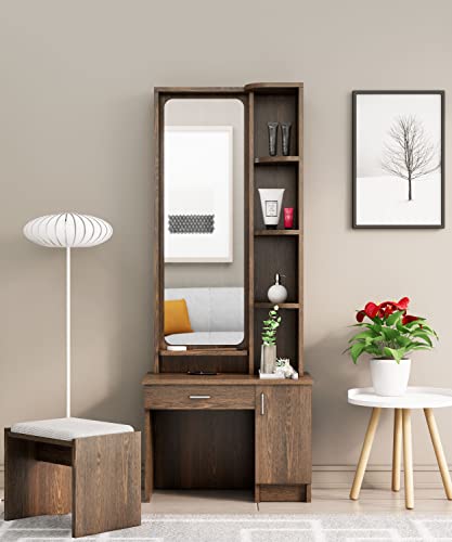 Image of Bniture Dressing Table for Bedroom with 1 Drawer, Mirror and Huge Storage Space with Stool | Long Dresser Vanity Table with Mirror(40D x 68W x 175H CM, Flower Wenge)