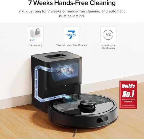 roborock Q7 TF+ Robot Vacuum and Mop, Upgraded from Q5 Pro+, 7 Weeks Self-Emptying, 10000Pa Suction, Dual Anti-Tangle System, for Pet Hair & Carpet, PreciSense LiDAR Navigation, App Control, Black