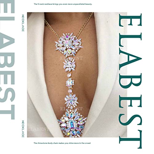 image for ELABEST Boho Rhinestone Statement Chest Chain Crystal Necklace Body Ch
