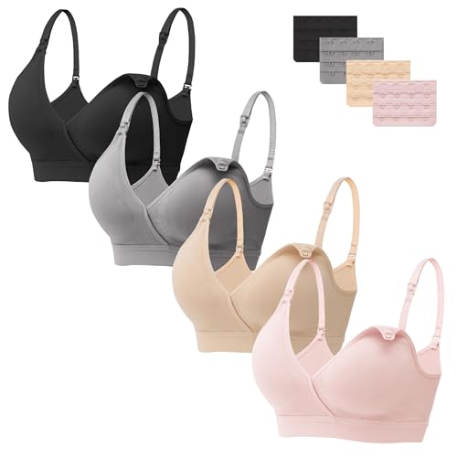Image of Angelhood 4 Pack Nursing Bras for Breastfeeding Women Maternity Bras Seamless Sleep Bra Wireless Bralette with Bra Extenders