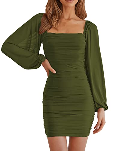 Image of MEROKEETY Women Square Neck Lantern Long Sleeve Mesh Ruched Bodycon Clubwear Mini Dress