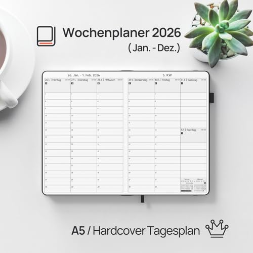 JAYSOO® Terminplaner 2026 Wochenplaner 21x14.5cm Tageplan und Stundenplan, 12 Monate Terminplaner Hardcover (Jan.-Dez.2026) für Arbeit, Lernen und Familienplan - Schwarz