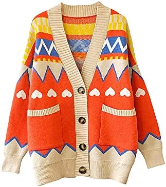 Women Knitted Sweaters Cardigans Floral V Neck Long Sleeve Girls Sweet Vintage Casual Coat Y2k Jumper (Color : Green, Size : F)