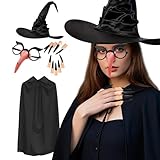 Disfraz de bruja para mujer, Halloween, capa de bruja, sombrero de bruja, unisex, capa con capucha, nariz de bruja, guantes de bruja y uñas de bruja, accesorios para Halloween, cosplay, accesorios de