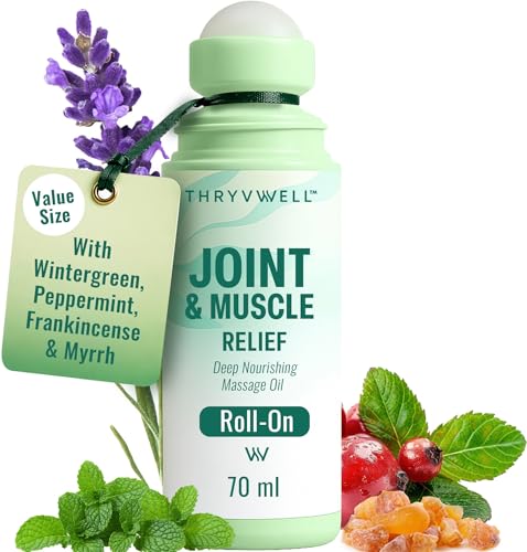 ThryvWell Joint & Muscle Roll-On Oil –70ml - 100% Natural Essential Oil Blend with Wintergreen, Peppermint, Frankincense, Myrrh, Clove & Lavender – Portable 2.37 oz Travel Size