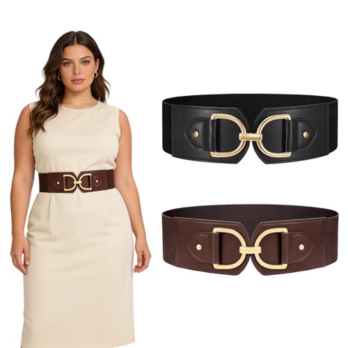 Dimore 2 Pack Wide Elastic Belts for Women Dresses - Stretchy Vintage Waist Belt, Retro Cinch Belt for Jeans (Black + coffee, Fit Waist 32-35in)