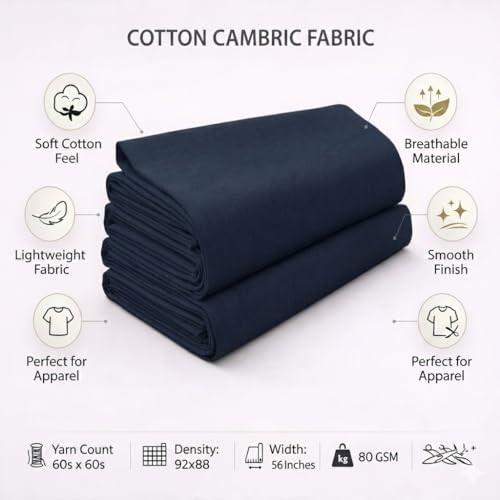 Image of Soimoi Blue Solid 60 * 60's Cotton Cambric Fabric by 5 Yards, 56 Inch Wide Light Weight Material Suitable for Kurtis, Blouses, Kids Clothing, Tunics, Dresses and Summer Apparel