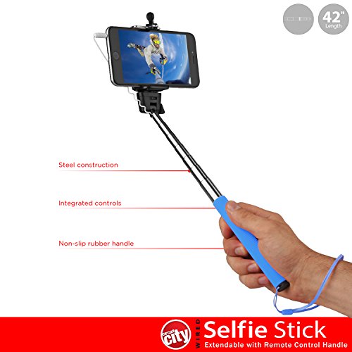 Circuit City Wired Extendable Selfie Stick With Remote Control Handle Extra-Long 42” Extending Monopod With Lanyard Steel Telescoping Phone Holder For Iphone 6, 5, 4, Samsung S6, S5 & More (Blue) #TOP2