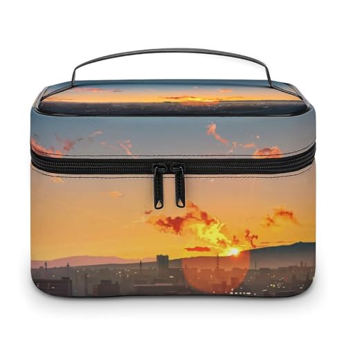 メイクボックス コスメ収納 大容量 夕暮れ オレンジ色の日光 建物 和風 化粧ポーチ 化粧品入れ メイク収納ケース 軽量 持ち運び アクセサリー 小物入れ おしゃれ 旅行 出張用 プレゼント