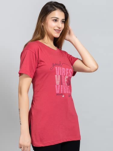 Image of Magknit Fancy Printed Both Side Cut Cotton Blend Half Sleeves and Lightwiegt Trendy Summer Long T Shirt for Women