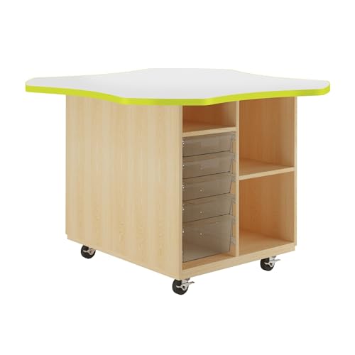 Diversified Spaces Intermix Mobile Collaboration School Workstation, 60"x60"x30'' Wave, Open Storage W/ 6 Totes, Top Erasable, Edge Lime, Clear Totes, Solid Oak, 4 Casters, Makerspace, Art, Classroom