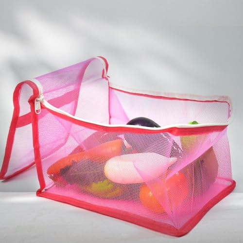 Image of VIVITO Foldable Nylon Fruit Storage Basket with Zip Net Cover | Plastic Basket for Fruits, Vegetables, Snacks & Kitchen Storage | Washable, Durable & Insect-Proof Food Cover | (MultiColor, Pack of 1)