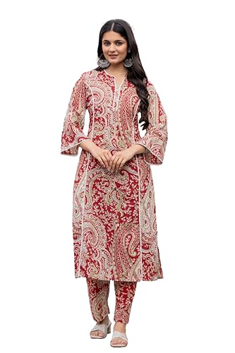 Image of Pistaa's Women Pure Cotton Paisley Printed A-Line Kurta with Pants Set