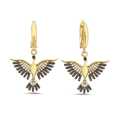 Kayra Mücevher Anka Kuşu Küpe - 14 Ayar Altın ve 925 Ayar Gümüş (Kahverengi Gümüş)