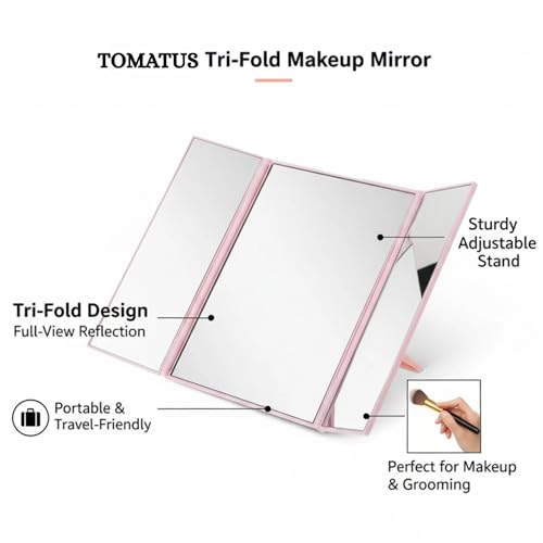 Image of Tri-Fold Makeup Mirror with Stand | Travel-Friendly Vanity Mirror | Portable and Compact Tabletop Folding Mirror for Beauty, Skincare, Pack of 1, Pink