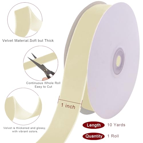 Image of Tsorode 10 Yards Cream Velvet Ribbon for Christmas Tree,1 Inch