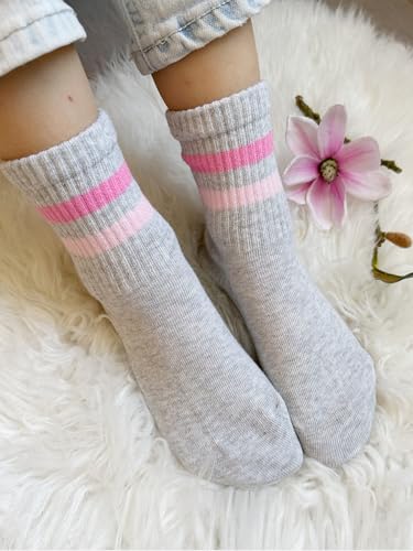 COTTON DAY Kids Girls Pink White Crew Athletic Socks with Retro Stripes Hearts4