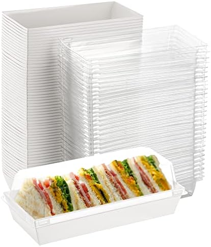 Dicunoy 100 Pack Sandwich Boxes with Clear Lids, Paper Food Boxes, Rectangle To Go Food Tray for Sushi, Swiss Roll Cake, Sandwich, Cookie, Fruits, Hot Chocolate Bombs, Hot Dog