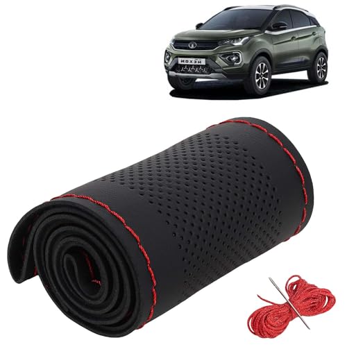 Image of KINGSWAY PU Leatherite Car Steering Cover Sewable Compatible with Tata Nexon (Year 2020-2023), Black Color with Red Thread, Pack of 1 with Sewing Needle and Thread