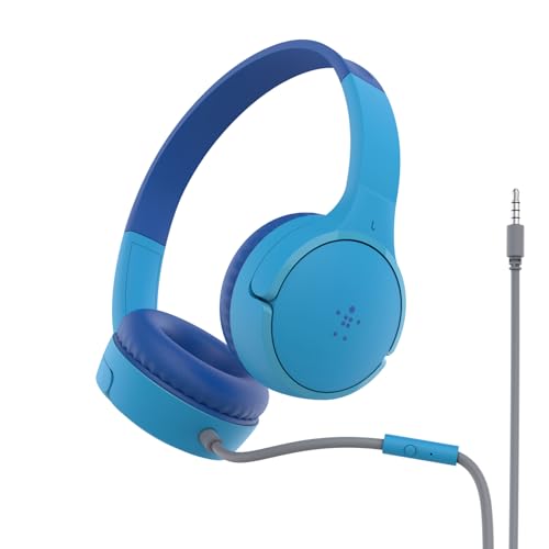 Belkin SoundForm Mini Wired On-Ear Headphones for Kids, Over-Ear Headset for Children with inline Microphone for Online Learning, School, Travel, Play, For 3.5mm Compatible Devices – Blue