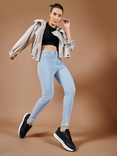Image of Miss Chase Women's Skinny High Rise Cropped Fringed Hemline Detailing Stretchable Denim Jeans
