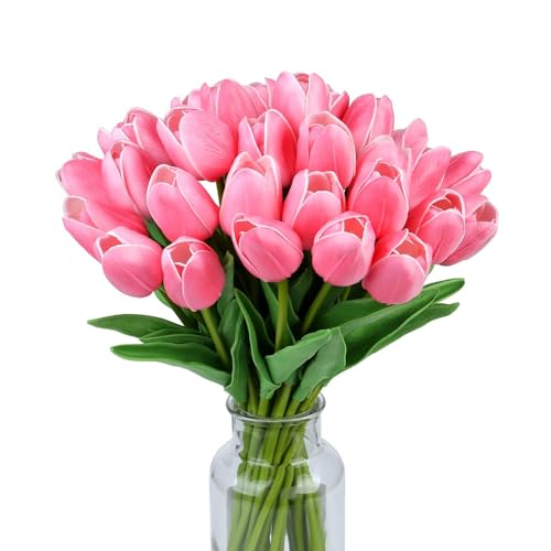 Sahoottie 15Pcs Artificial Tulips Fake Tulips Artificial Flowers Indoor Tulip Artificial Flowers Real Touch Bouquets for Wedding Spring Home Decoration (Rose Pink)