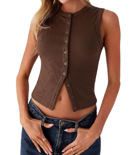 Faretumiya Women Button Down Tank Top Ribbed Summer Vest Tops Slim Fit Open Front Sleeveless Crop Shirt