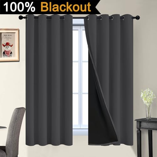 Image of Yakamok Charcoal Grey 100% Blackout Curtains 63 Inches Long 52 inch Wide 2 PCS | Blackout Curtain Panels for Bedroom, 2 Thick Layers Grommet Top Thermal Insulated Drapes with Black Liner for Living Room