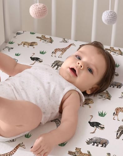 Image of Pack and Play Sheets 2 Pack, Fitted Jersey Knit Mini Crib Sheets for Baby Boys and Girls, Compatible with Graco Pack N Play and Mini Crib Mattress (Jungle Journey, Pack N Play /Mini Crib Sheets)