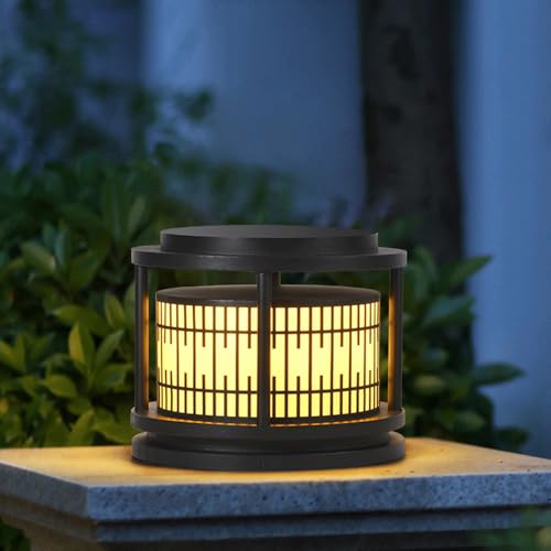 HZWJIA Galvanized Panel Post Lamp LED Luxury Solar Fence Deck Post Cap Lamp Gray Outdoor Solar Pillar Lamp IP65 Waterproof Rustproof Pillar Head Lamp For Villa Landscape Lawn Post Lamp Diameter 11.8in