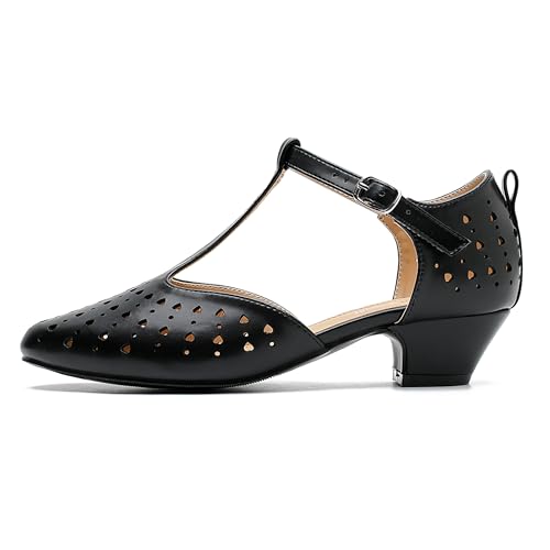 Image of MAIERNISI JESSI Women's T-Strap Mary Jane Pumps, Low Block Heel, Closed Toe, Buckle Ankle Strap