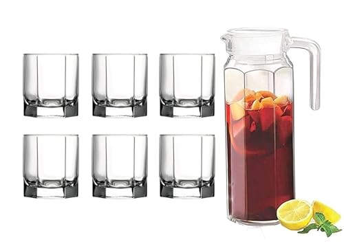 Image of Premium Water and Juice Glasses and Jug Set Combo [6 Piece Glass 250ML & 1 Piece Jug 1 Liter] Transparent Pitcher Set for Dining Table, Home & Restaurant,Party (MTS - 13)