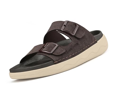 Image of LOUIS STITCH Men's Brunette Brown Lightweight Open Toe Double Strap Sandals | Casual Lightweight Open Footwear Sliders | Slip-On Sandals | Stylish & Comfortable Sandals | LSOF-23-BB