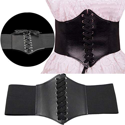 Waist Cincher Corset Wide Band Elastic Tied Waspie Belt Leather Soft Adjustable Black2