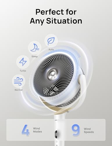 Image of DREO Fan for Bedroom, 120 Oscillating Standing Fan, Quiet Pedestal Fan with DC Motor, 9 Speeds, 4 modes, 120 Manual Vertical, 37-42 inch Adjustable Height, 9H Timer, White
