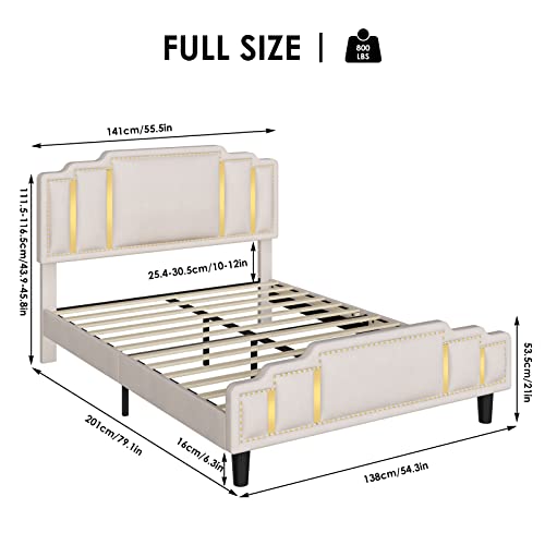 Hifit Full Size Modern Velvet Upholstered Bed Frame With Adjustable Headboard, Studded With Golden Iron Slice & Rivets, Platform Bed Frame With No Noise, No Box Spring Needed, Easy Assembly, Beige #TOP1