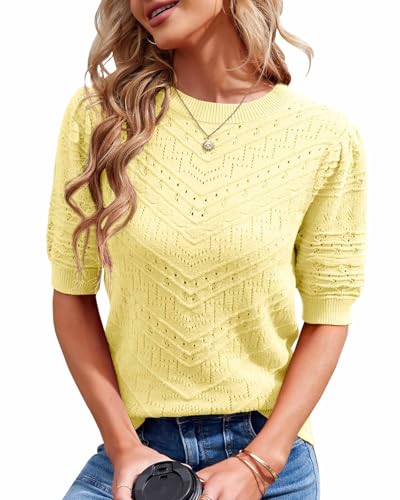 Image of Womens Puff Short Sleeve Sweater Summer Crew Neck Ribbed Knit Pullover Tops
