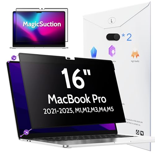 Peslv Privacy Screen for MacBook Pro 16 Inch (2021-2025, M1, M2, M3, M4), MagicSuction™ Removable Anti Spy Black Protector, Glare Blue Light Filter for Mac Laptop Computer