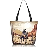 MAHIPOCI Western Cowboy Riding a Horse Canvas Tote Bag For Women Retro Shoulder...