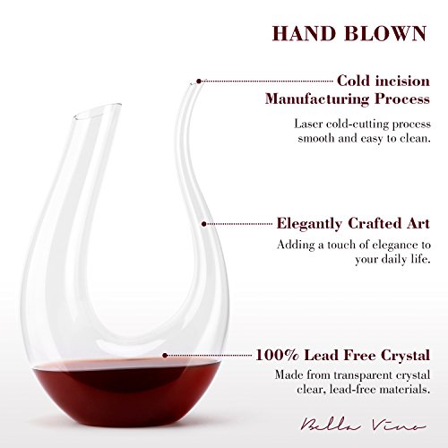 Wine Decanter by Bella Vino - 100% Lead Free Premium Crystal Glass Horn Decanter, Improves Wine Taste Smoother, Elegant and Effective Red Wine Carafe, Wine Accessories, Wine Gifts - Thumbnail 2