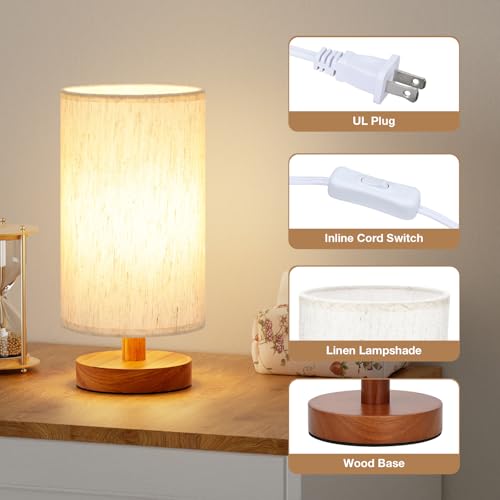 Image of Fenmzee Small Lamps Set of 2 - Inline Control, Bedside Table Lamp for Bedroom with 3000K A15 LED Blub, Easy Assembly (Cream Shade - Walnut Base Set of 2, 9 inch Inline Control)