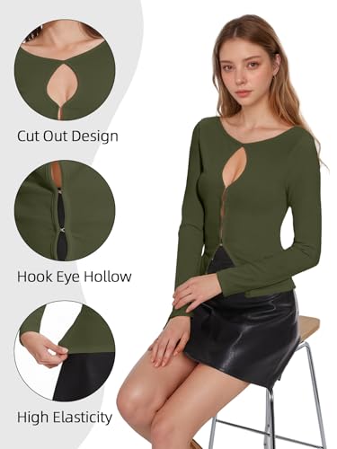 Image of Ribbed Long Sleeve Tops for Women Cut Out Ribbed Knit Crewneck Sweater Fall Slim Fit Going Out Top