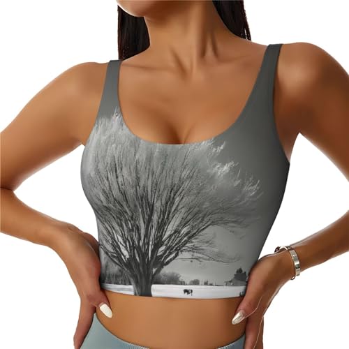 Vuiopuf Willow Tree Print Women's Sports Bra U-Back with Removable Pads Workout Tank Top for Yoga, Running, Gym & Fitness Black