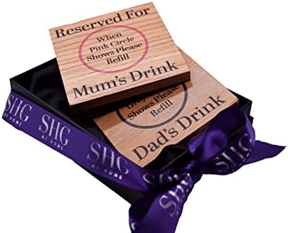 Reserved for Mum and Dad's Drinks Solid Oak Coaster Set. Gift for Parentsarents from child. 10cm Square Coasters. Set of two. Packaged in a Gift Box. New parent gift. (Mum and Dad)