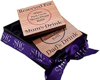 Reserved for Mum and Dad's Drinks Solid Oak Coaster Set. Gift for Parentsarents from child. 10cm Square Coasters. Set of two. Packaged in a Gift Box. New parent gift. (Mum and Dad)