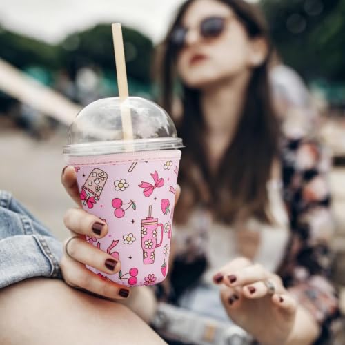 Image of Reusable Insulated Sleeve for Iced Coffee Cup, Coffee Neoprene Sleeve for Cold & Hot Drinks, Beverage Holder for Iced Coffee (Pink Ribbons, Large: 32oz)